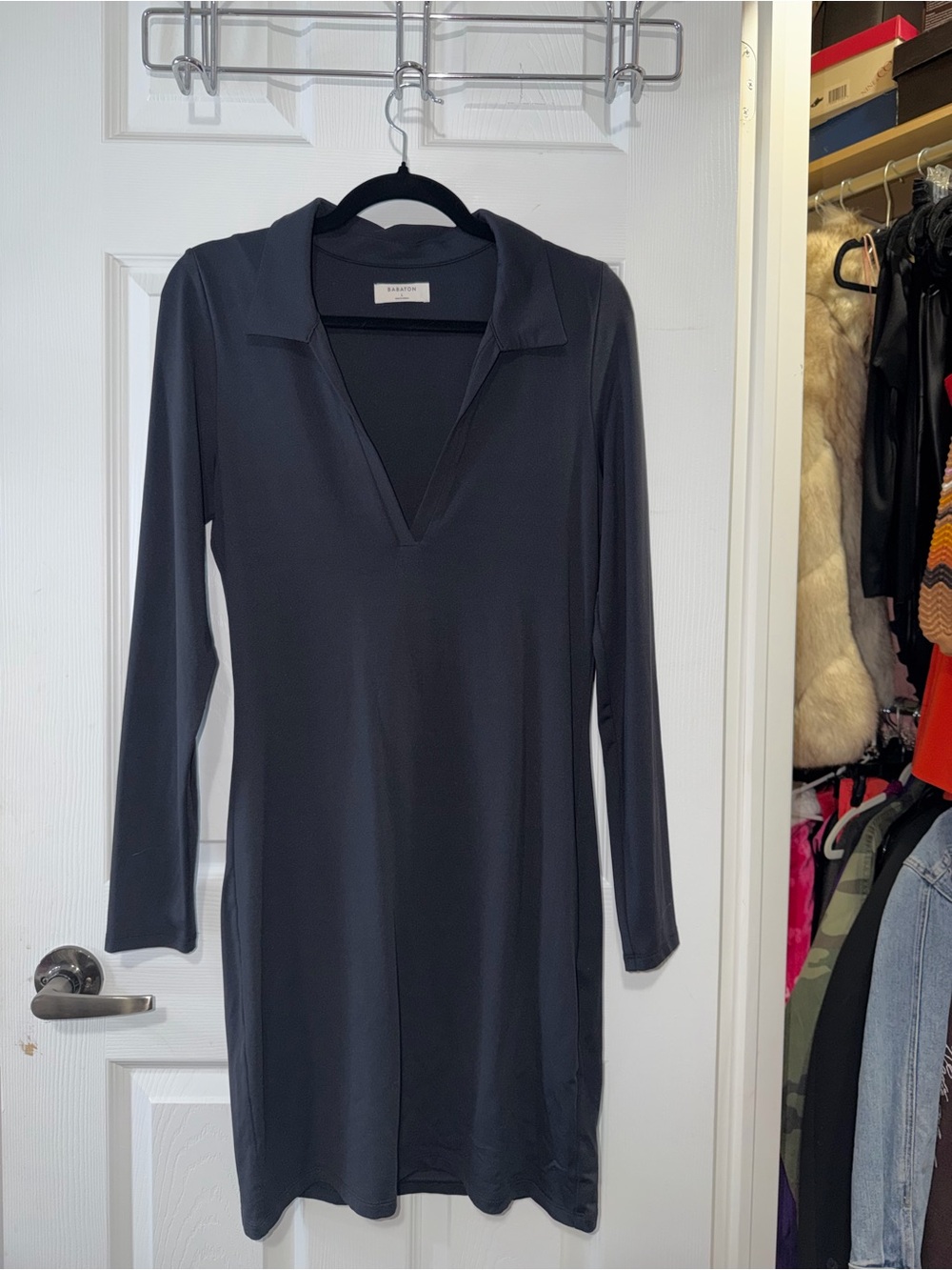 Babaton Contour Black Long-Sleeve V-Neck Polo Dress
